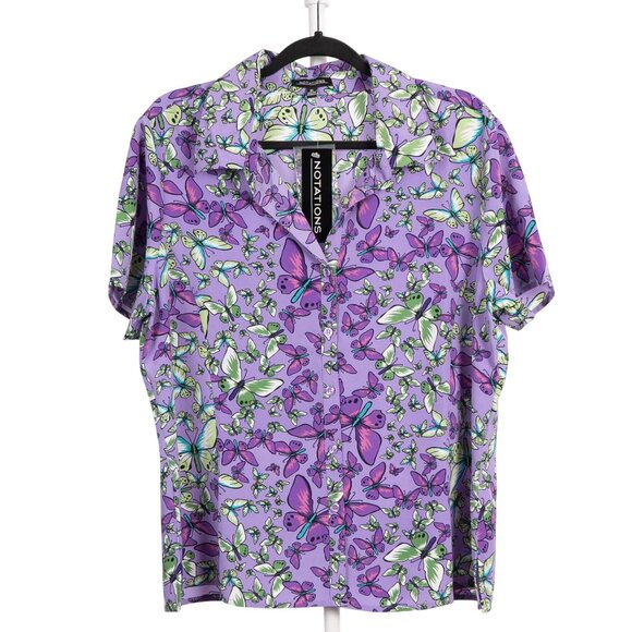 Notations Button Up Shirt XL Womens NEW Butterfly Purple Green Short Sleeve - Picture 1 of 6
